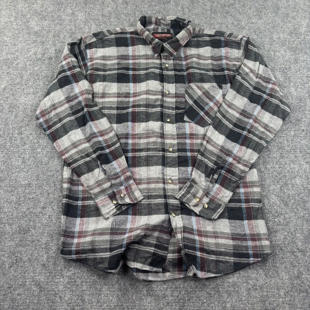 Northpoint Button Down‎ Shirt 2XL Gray Plaid Flannel Long Sleeve Men's